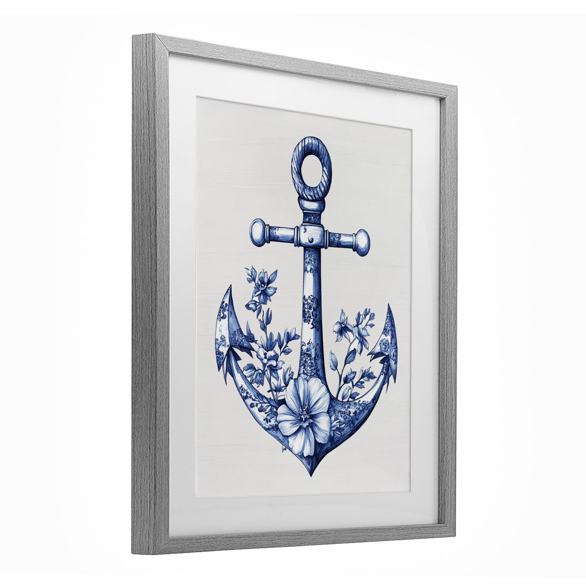 Toile Patterned Anchor Gray Framed Print Under Glass, design by Lettered and Lined