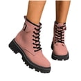 thumbnail image 2 of Willtoo Women Chunky Lug Sole Lace up Combat Boots Low Heel Fashion Leather Motorcycle Riding Round Toe British Casual Work Boots Womens Outdoor Non-Slip Platform Comfortable Short Booties Pink, 2 of 6
