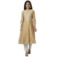 thumbnail image 2 of Globus Women Beige & White Yoke Design Regular Mirror Work A-Line Kurta, 2 of 6