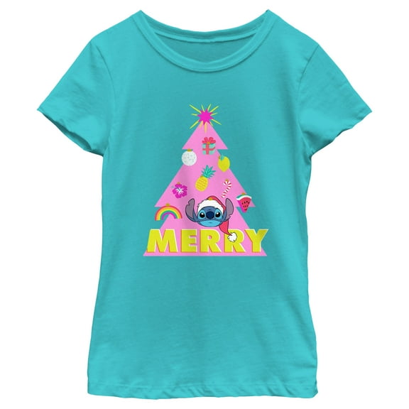 Girl's Lilo & Stitch Merry Christmas Tree  Graphic Tee Tahiti Blue Small