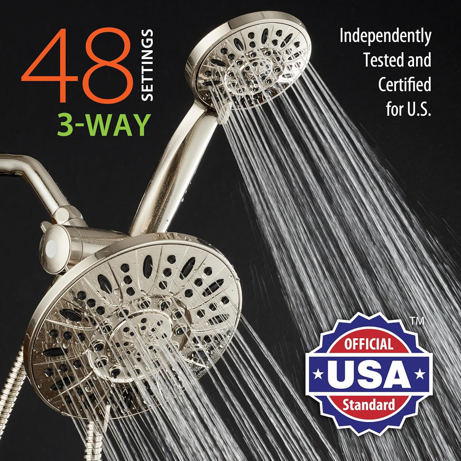 Premium High Pressure 3-Way Rainfall Combo for The Best of Both Worlds - Enjoy Luxurious Rain Showerhead and 6-Setting Hand Held Shower Separately or Together