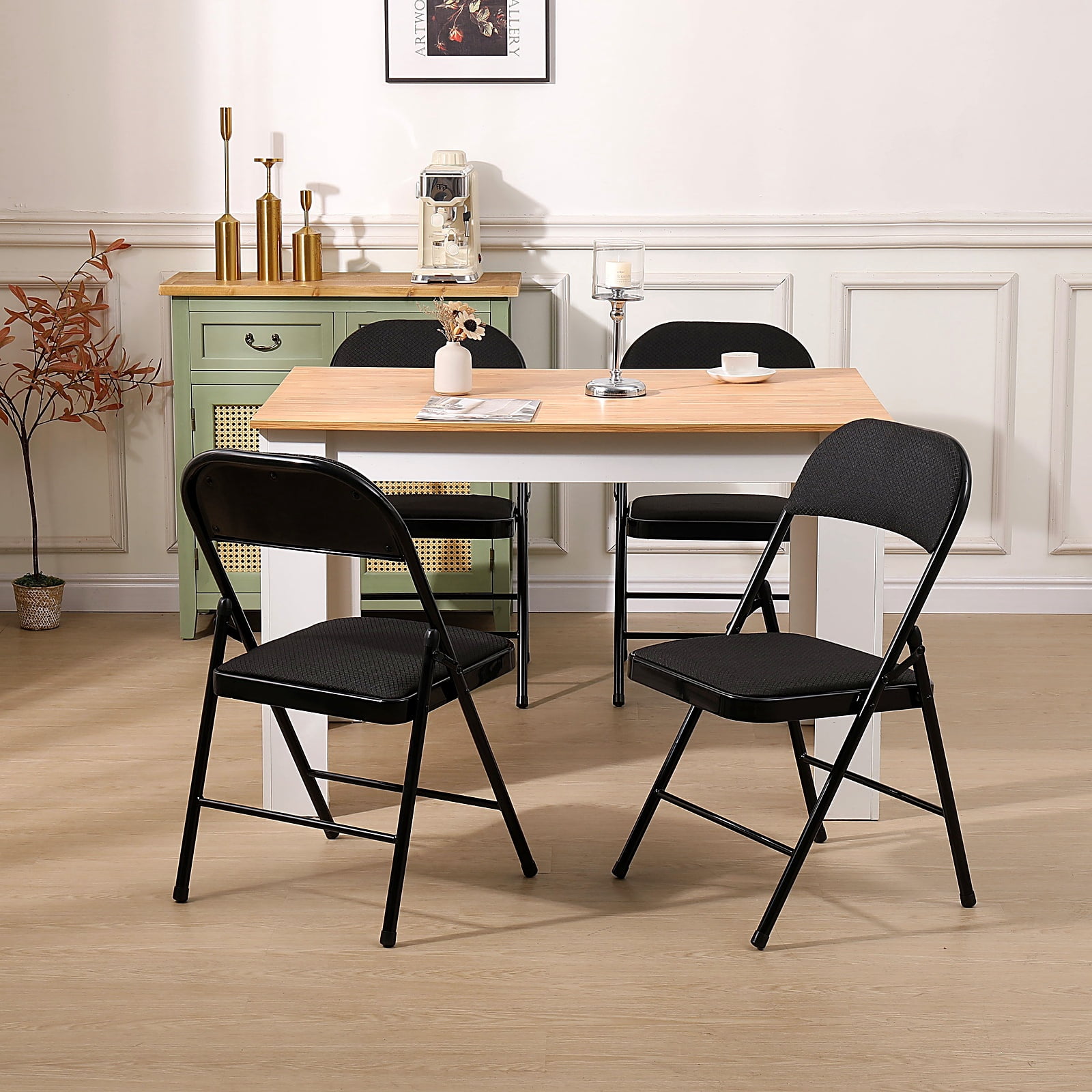 Fenbeli Folding Chairs Set of 4, Black Fabric Padded Metal Frame with Ergonomic Backrest, 330 lb Foldable Space-Saving Seating for Home and Office