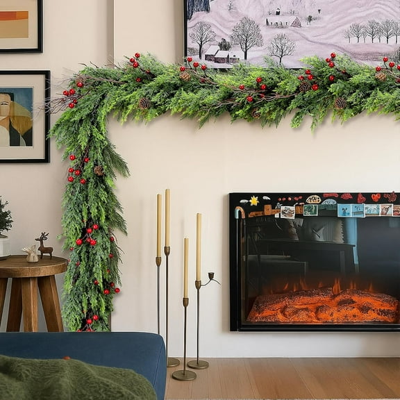 Guvpev 9FT Artificial Cedar Christmas Garland with Red Berries & Pine Cones, Full Faux Winter Greenery Garlands Seasonal Decor for Holiday Mantel, Stairs, Porch, Indoor Outdoor Christmas Decorations
