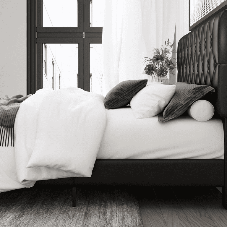 Homfa Queen Platform Bed, Black Button Tufted Faux Leather photo 7