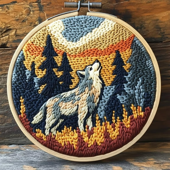 DIY Punch Needle Kits Wolf and Tree Easy for Beginners Punch Needle Embroidery Set with Hoop Stamped Pattern for Craft lovers and Home Decor-2