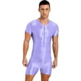 thumbnail image 4 of YIZYIF Mens Glossy Front Zipper Bodysuit Jumpsuit Spandex One-Piece Dance Unitard Biketard Light Purple M, 4 of 5
