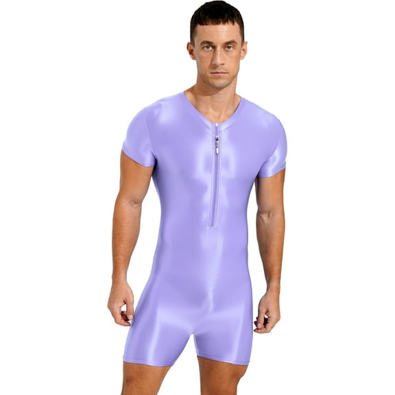 Haitryli Mens Zipper Front Workout Bodysuit Glossy Silky Compression Muscle Shaper Biketard Unitard Light Purple XL