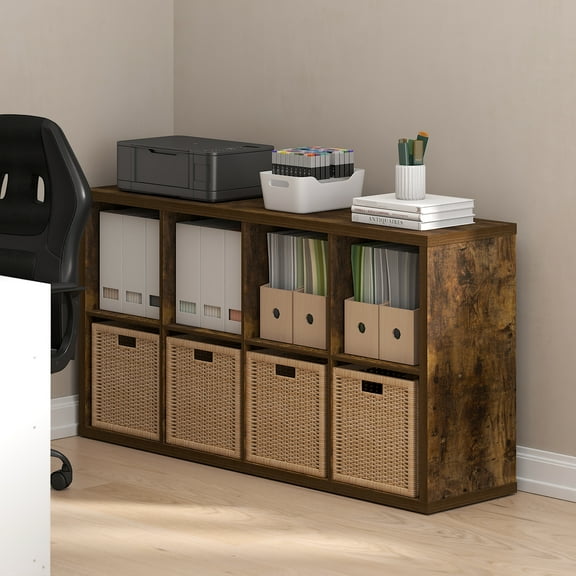 Furinno CUBICLE Book Shelf, 8-Cube Thick Frame Bookshelf, Horizontally & Vertically Reversible Bookcase with Open Back, 14.6 x 30 x 57.9, for Living Room, Bedroom, Home Office, Amber PINE