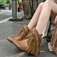 thumbnail image 2 of Bottes Mi-Mollet Larges à Longues Franges pour Femmes avec Talons Compensés Cachés Boho à Franges en Cuir Bout Rond Bottines Courtes Habillées, 2 of 8