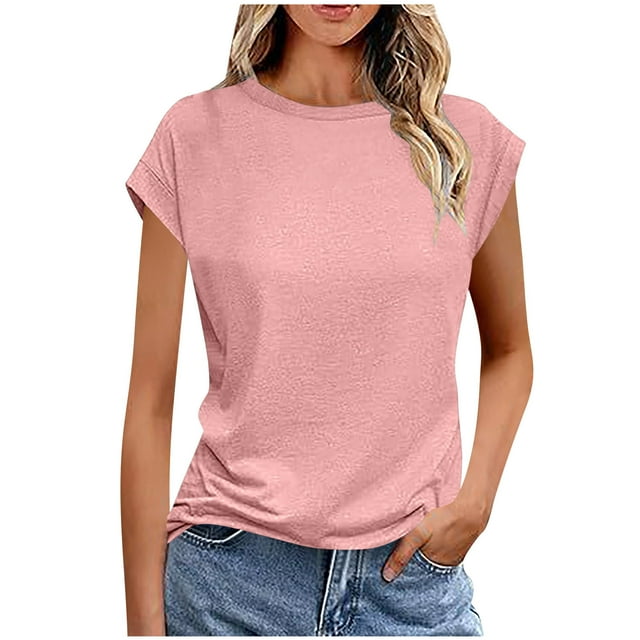 Bocqde T-shirts pour Femmes Mode Décontractée Couleur Unie Pull Col Rond Manches Courtes T-shirts d'Été Frais et Confortables