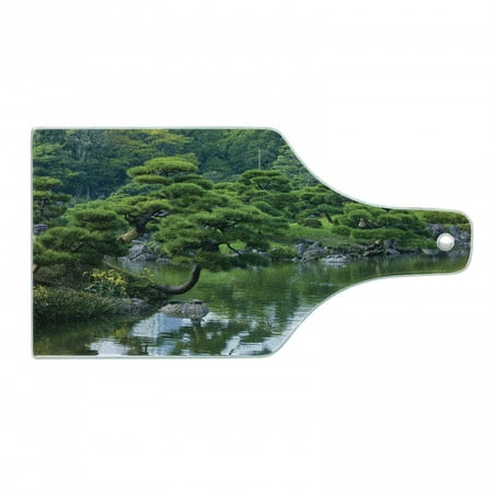 

Japanese Cutting Board River Landscape Trees Flowers Stones Silence in Natural Beauty Garden Theme Decorative Tempered Glass Cutting and Serving Board Wine Bottle Shape Green by Ambesonne
