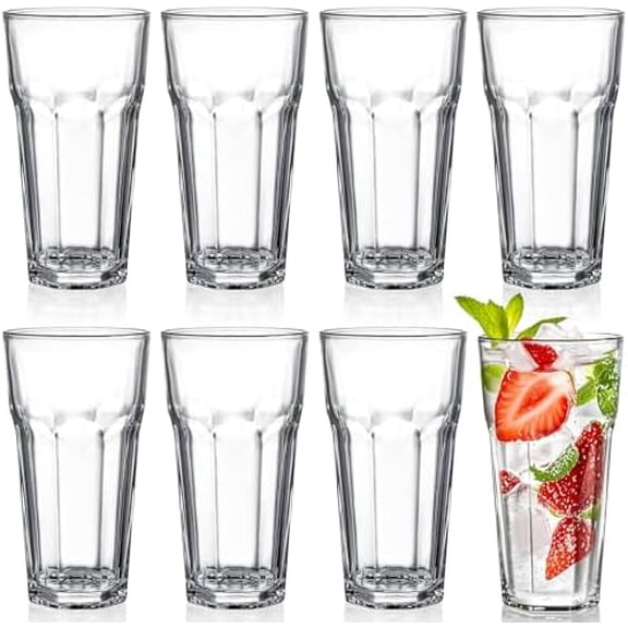 Set of 8 Highball Drinking Glasses, 12oz Lead-Free Tempered Water Glasses Thick Heavy Base, Clear Iced Hot Tea Glassware for Cocktail, Juice, Milkshake, Soda Beer Tumbler Cup