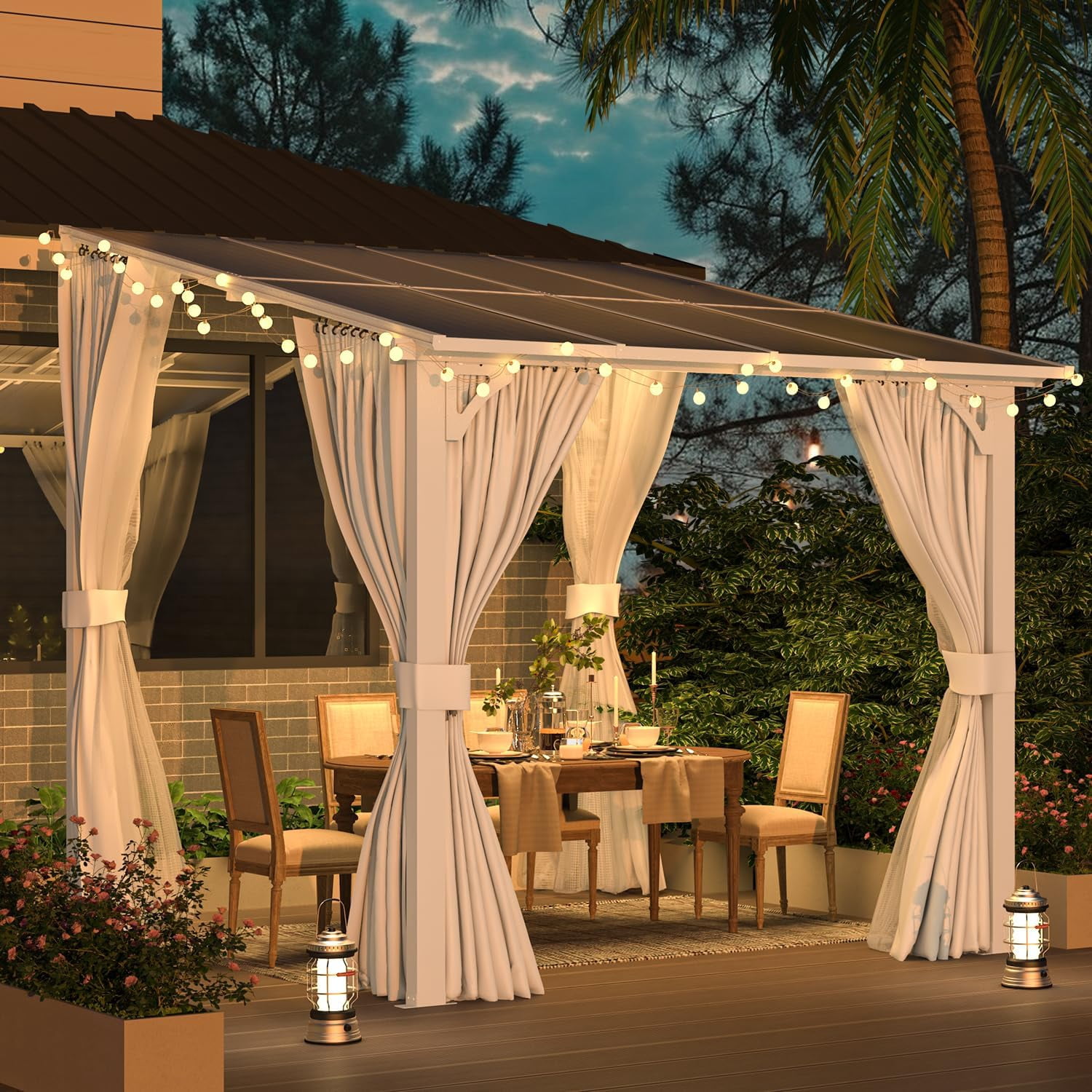 AECOJOY 8' X 8' Outdoor Lean to Gazebo for Patio on Clearance, Small Wall Mounted 8x8 Pergola with Curtains and Netting, Heavy Duty Metal Awnings for Lawn Backyard Garden Deck in White