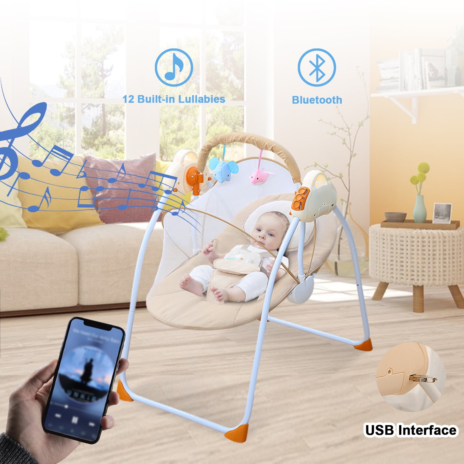 ANJORALA Baby Swings for Infants Toddler Portable Newborn Swing Bouncer, Bluetooth(Brown)