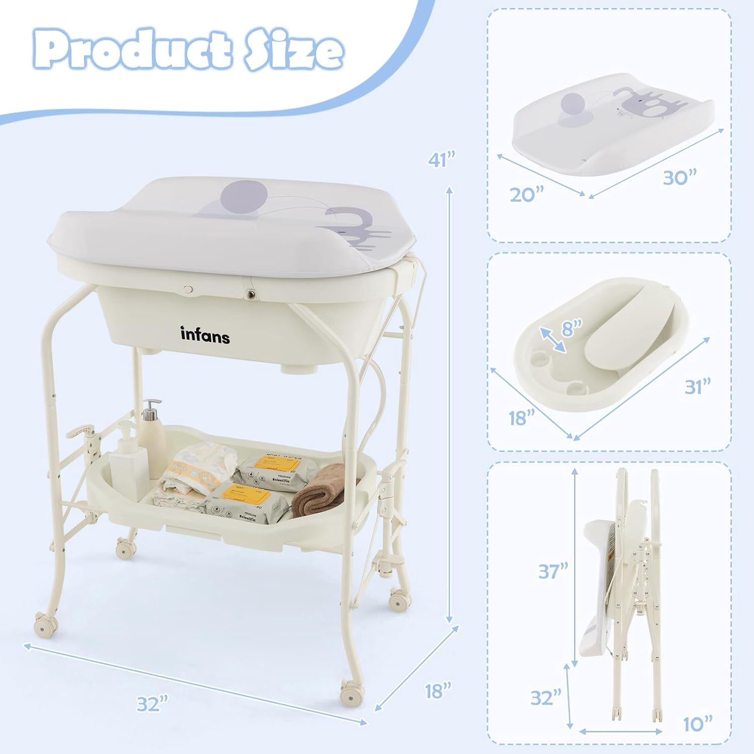 INFANS 2 in 1 Baby Changing Table with Bath Tub Unit, Folding Diaper Dresser Station with Wheels Waterproof Pad Storage Rack, Portable Nursery Organizer Stand for Newborn Infant (White)