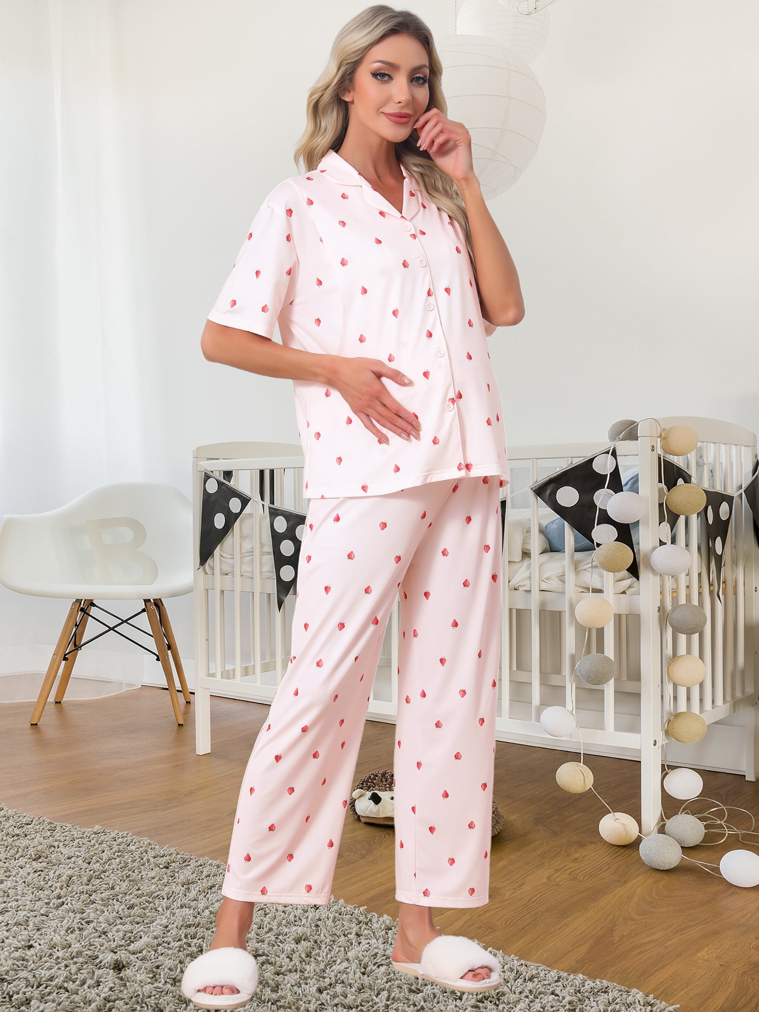 DARING DIVA Women's Maternity Nursing Pajama Sets Breastfeeding Button Down M Pink