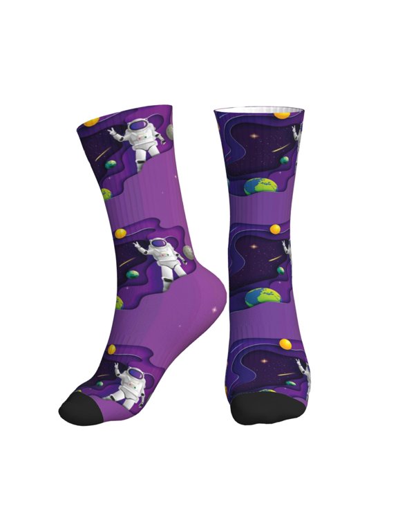 Crew Socks for Women Men Athletic - Astronaut on Mission in Outer Space Soft Comfort Breathable Mid-Calf Sole Running Socks Womens Men