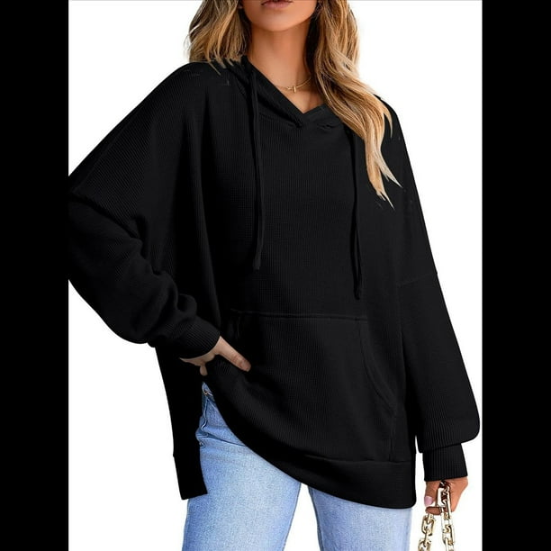 Sudadera con Capucha Extragrande para Mujer, Informal, de Larga, de Punto Gofre, con Cordón Ajustable, Abertura Lateral y Bolsillo. Negro M