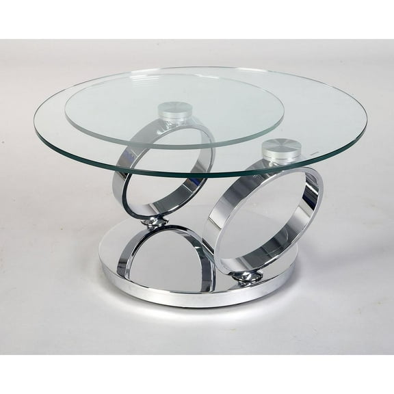 Contemporary Motion Tempered Glass Top Coffee Table with Round Base in Chrome