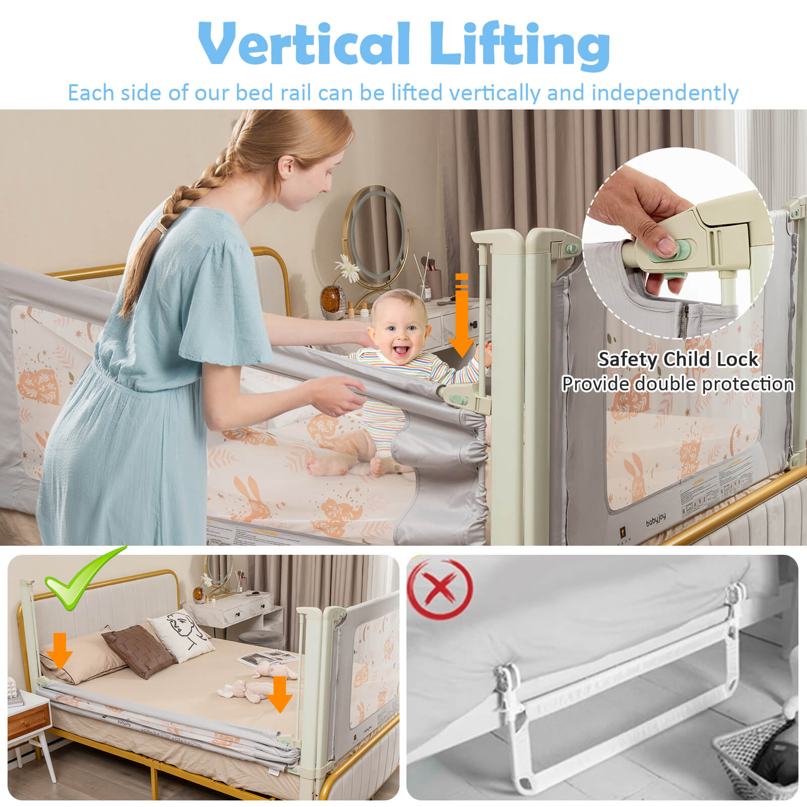 Infans 70" Bed Rail for Toddlers Infants Foldable Safety Bed Guardrail with Double Lock