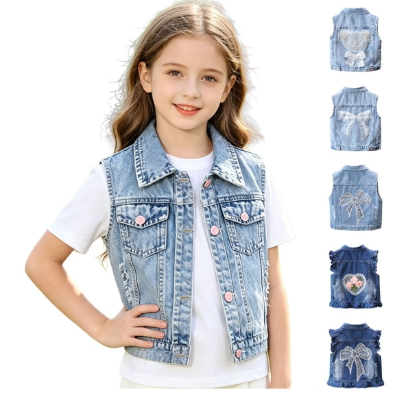 Asxite Toddler Girls Fashion Casual Loose Denim Sleeveless Jacket Bow Pocket Fall
