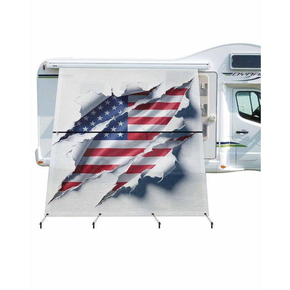 4th of July RV Awning Sun Shade Screen 9'X7' Patriotic American Flag Mesh Sunscreen Torn Paper Awning Shade Screen with Zipper UV Blocker Completed Kits Outdoor Canopy for RV Motorhome Camper Travel