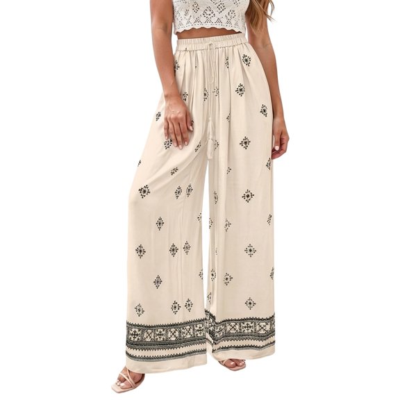 DHFJKG Linen Pants Women Boho Printed Flowy Wide Leg Palazzo Lightweight Casual Drawstring Summer Pants Beach Vacation Clothes Trendy Trousers