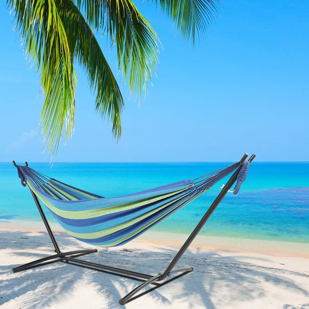 9ft Black Steel Pipe Hammock Frame with 200*150cm Polyester Cotton Hammock Blue Green Strip Blue Rope Iron Hammock Set 9ft Black Steel Pipe Hammock Frame with 200*150cm Polyester Cotton Hammock Blue Green Strip Blue Rope Iron Hammock Set