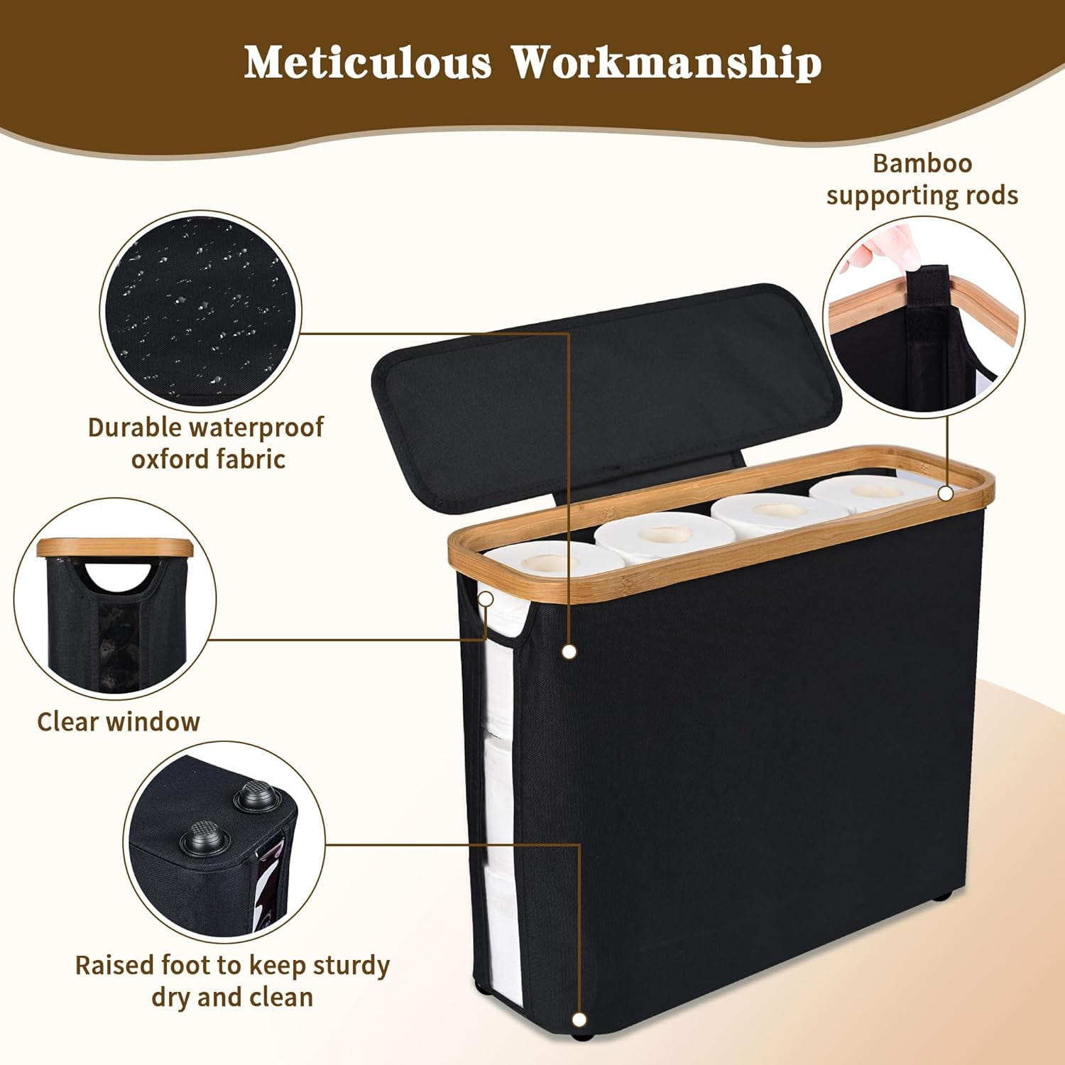 RGHJAR-Toilet Paper Storage Basket with Lid - The Ultimate Bathroom Organizer, Free Standing Toilet Paper Holder for Up to 9 Mega Rolls, Toilet Tissue Storage Bin with Handle for RV Closet, Black