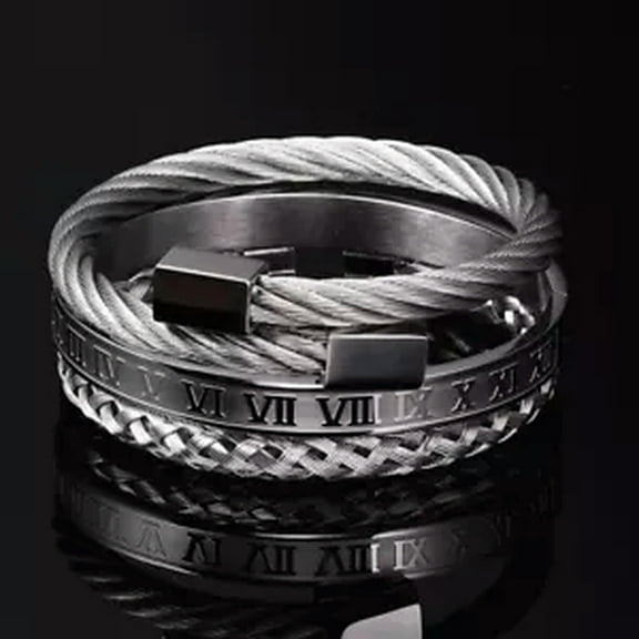 HOOUN 3Pcs/set Luxury Men's Bracelets Gold Stainless Steel Roman Number Jewelry Gift-Silver Set