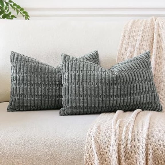 Eryueer Set of 2 Corduroy Soft Striped Cushion Covers 30x50 cm Boho Decorative Throw Pillow Covers Lumbar Cushion Case Couch Home Decor Pillowcases for Sofa Bedroom 12x20 Inch (Smoky Grey)