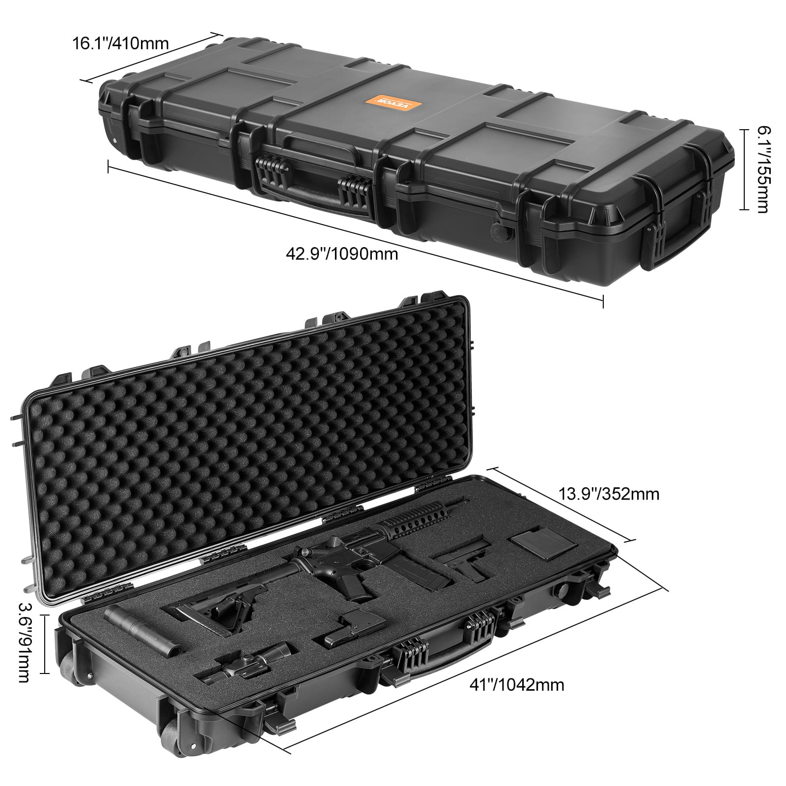 VEVOR Rifle Case, Rifle Hard Case with 3 Layers Fully-protective Foams, 42 inch lockable Hard Gun Case with Wheels, IP67 Waterproof & Crushproof, for Two Rifles or Shotguns, Airsoft Gun