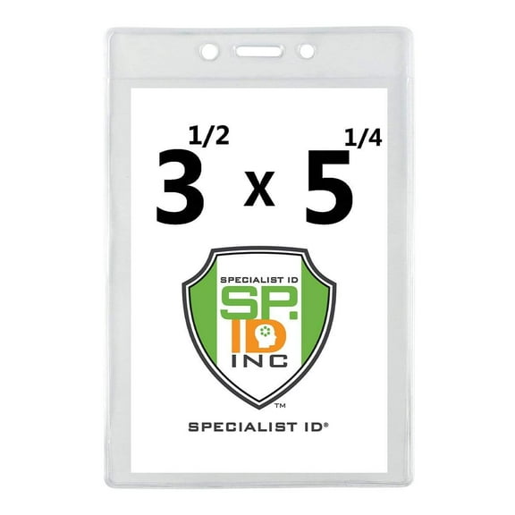 100 Pack - 3 1/2" X 5 1/4" Large Badge Holders - Clear Plastic Name Tag Sleeves, Vaccination Card Protector, Concert Ticket, Press Pass or Sporting Event Holder by Specialist ID (4X6 Outside)