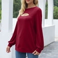 thumbnail image 6 of SMihono Clearance Lantern Sleeve Tunic T Shirt Blouse Womens Plus Size Solid Color Long Sleeve Crew Neck Keyhole Neck Solid Color Female Leisure Wine S, 6 of 9