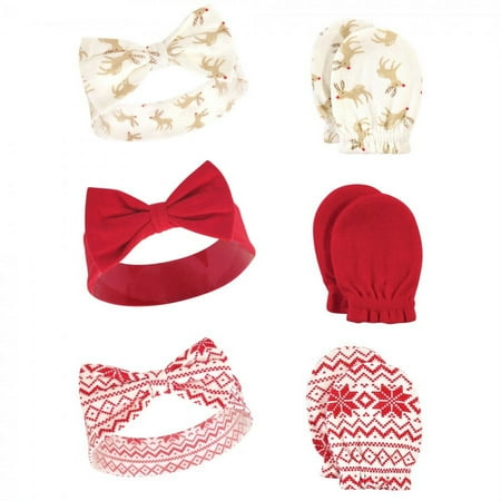 UPC: 0660168565508 | Hudson Baby Infant Girl Cotton Headband and Scratch Mitten 6pc Set  Reindeer  0-6 Months