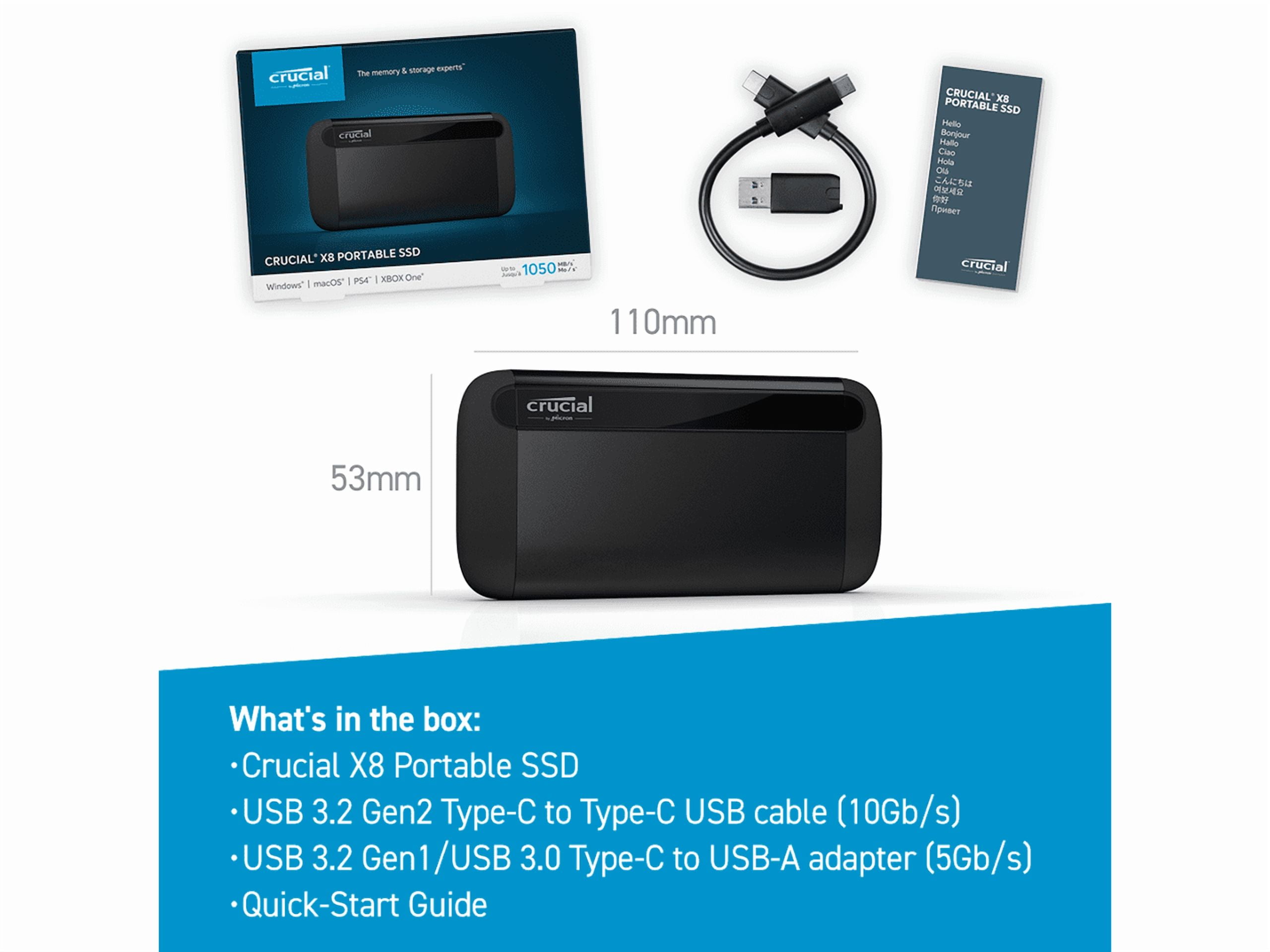 Crucial X8 1TB SSD - 1050 MB/s, USB 3.2, USB-C, USB-A, Portable