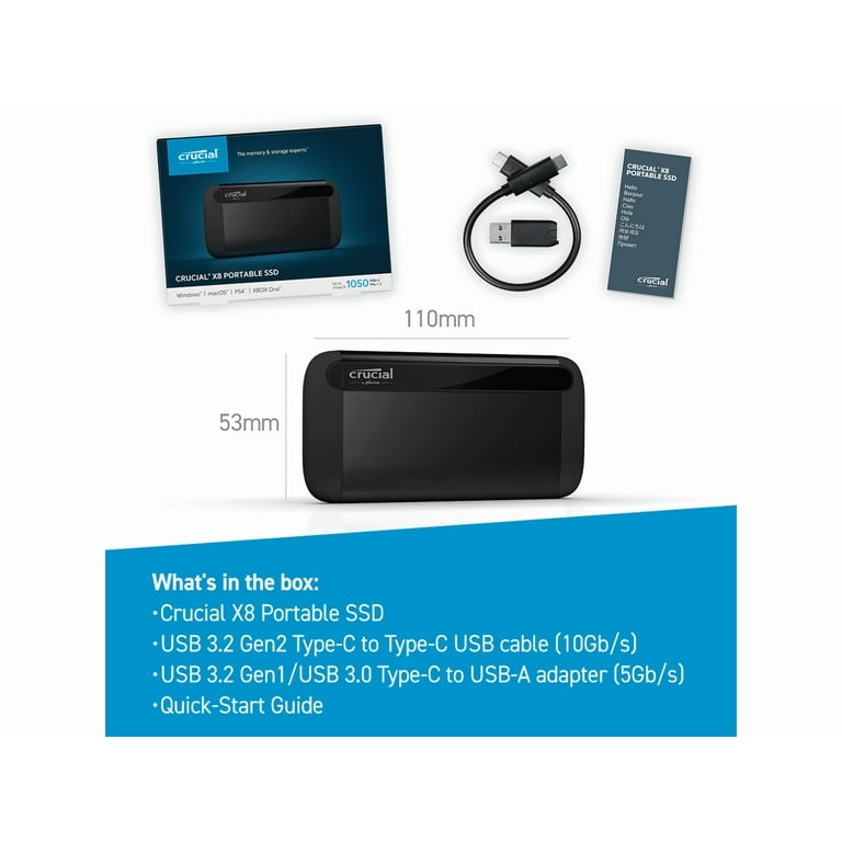 Crucial X8 1TB SSD - 1050 MB/s, USB 3.2, USB-C, USB-A, Portable