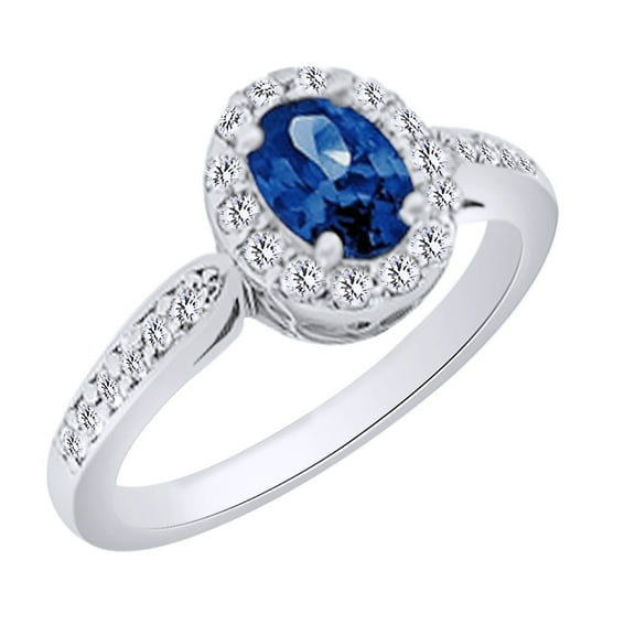 AFFY (1.33ct) Simulated Blue Sapphire & White Natural Diamond Halo Engagement Ring In 14k Solid Gold With Ring Size 6.5