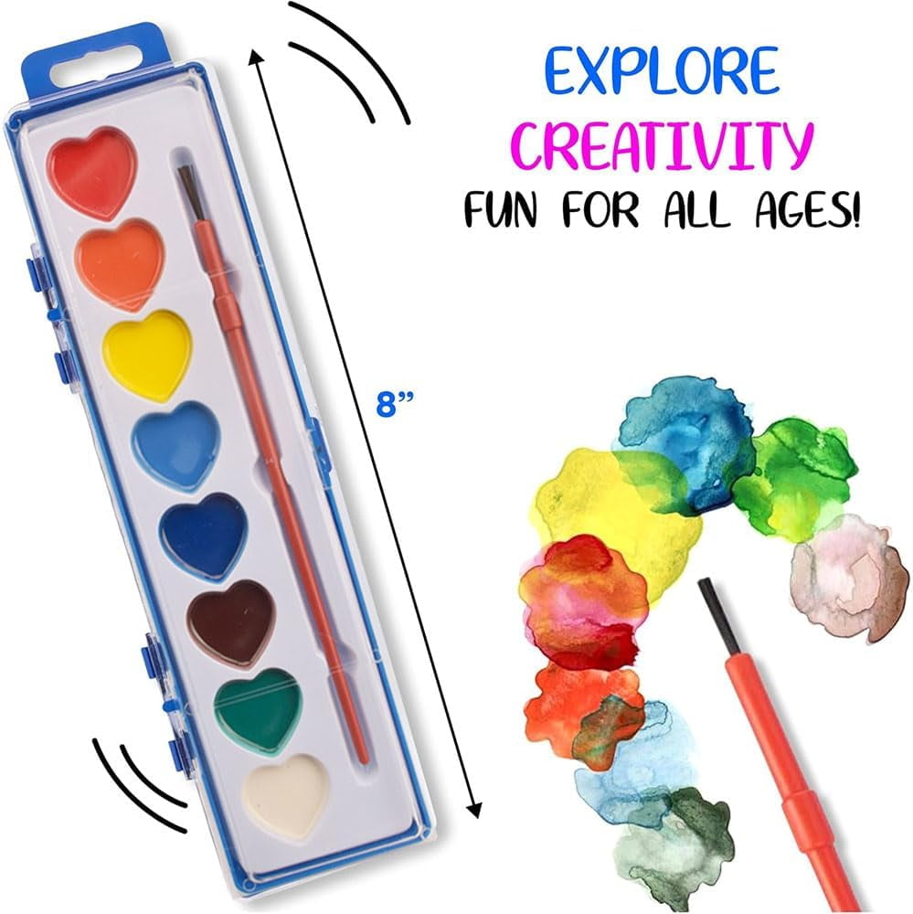 Heart Shaped Watercolor Paint Set, Valentines Watercolor Paint Sets for Kids, Valentines Day Painting Kit with 8 Washable Colors and Paintbrush, Arts and Craft Supply for Parties, Schools