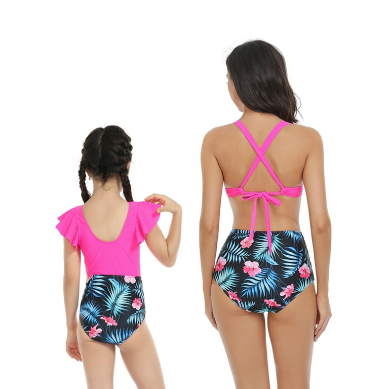 Innerwin Mommy And Me Parent-child Swimsuit Sleeveless Family Matching  Swimwear Two Piece Swim Bikini Set Floral Print Mother Daughter High Waist  Back Cross Leopard Printed Rose Red XL 
