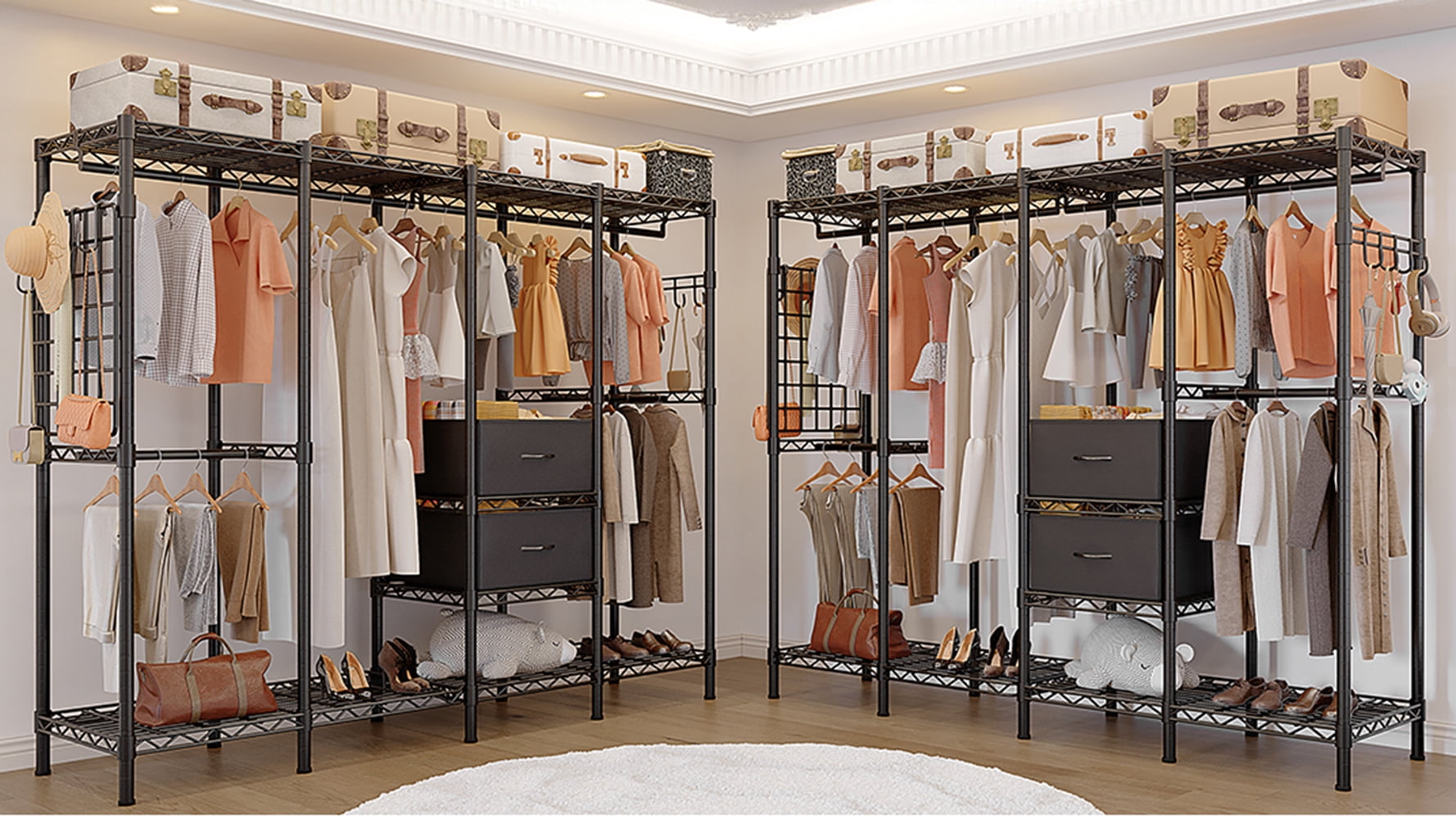 HOKEEPER 1350LBS 76" L x 17" W x 76" H Portable Closet Wardrobe Heavy Duty Clothes Rack, Freestanding Clothing Rack with 6 Hang Rods, 10 Shelves & 2 Drawers , Adjustable Closet Garment Rack, Black