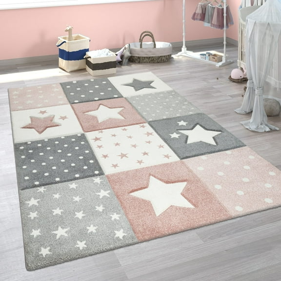 Kids Rug with Stars for Nursery Checkered in Pink