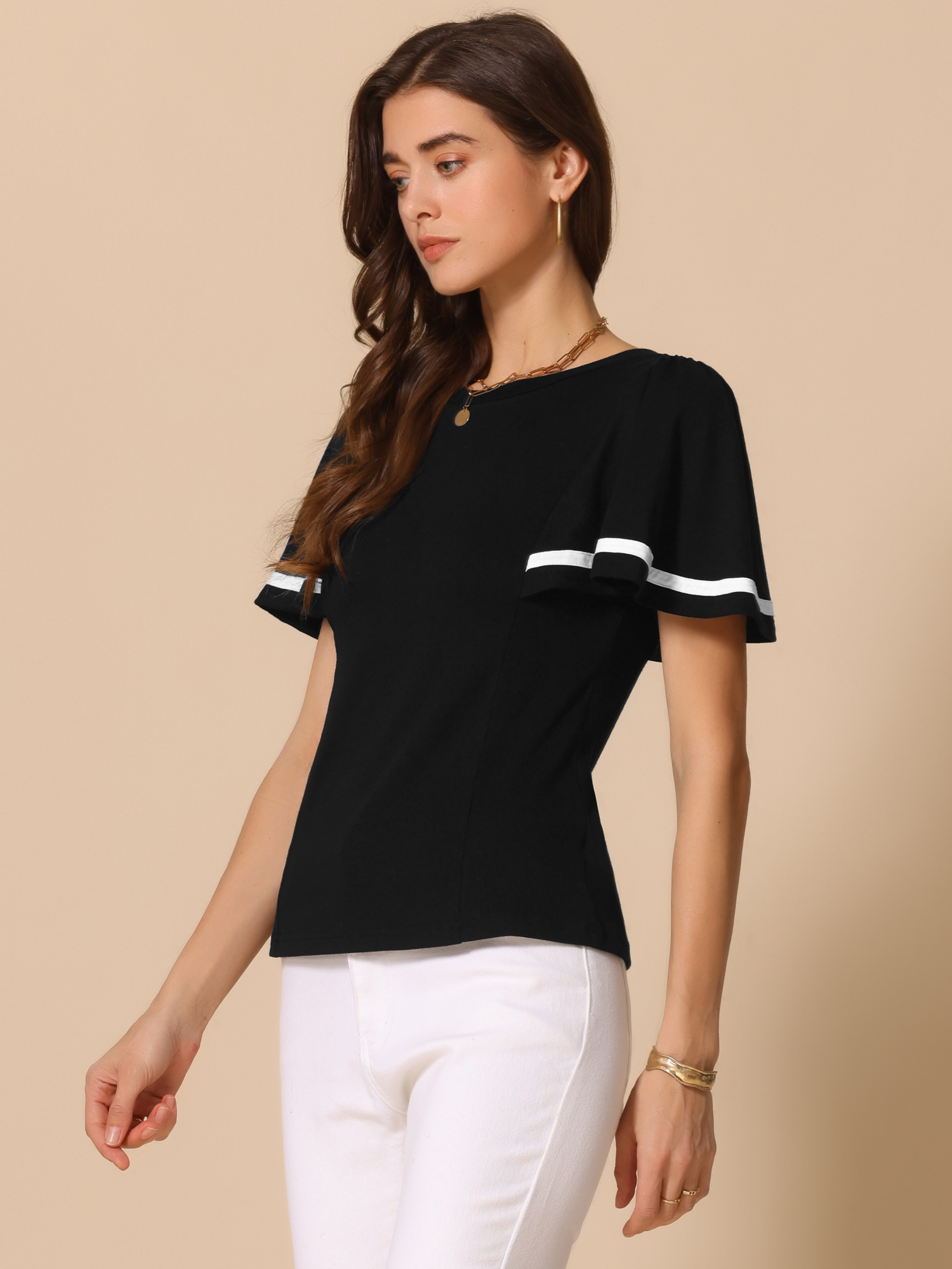 DARING DIVA Women's Ruffles Short Sleeve Round Neck Casual Blouse L Black