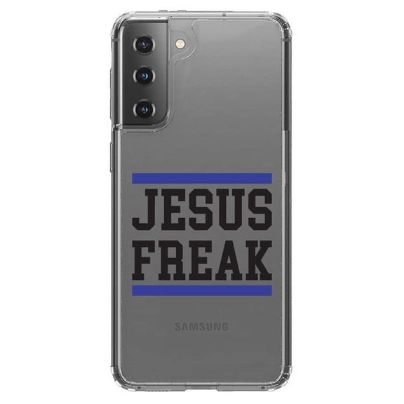 DistinctInk Clear Shockproof Hybrid Case for Galaxy S21  PLUS 5G (6.7" Screen) - TPU Bumper Acrylic Back Tempered Glass Screen Protector - Jesus Freak White Blue