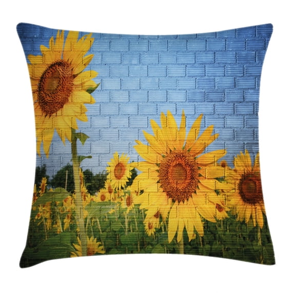Rustic Home Decor Throw Pillow Cushion Cover, Sunflowers on Wall Peaceful Habitat Meadow Valley in Rural Village, Decorative Square Accent Pillow Case, 16 X 16 Inches, Yellow Green, by Ambesonne