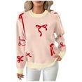 thumbnail image 2 of Uootdi Christmas Women's Bow Graphic Sweater Crew Neck Long Sleeve Knit Pullover Trendy Fall Winter Top Soft Cozy Casual Jumper Cute Ribbon Print Sweater for Daily Outfits, 2 of 5