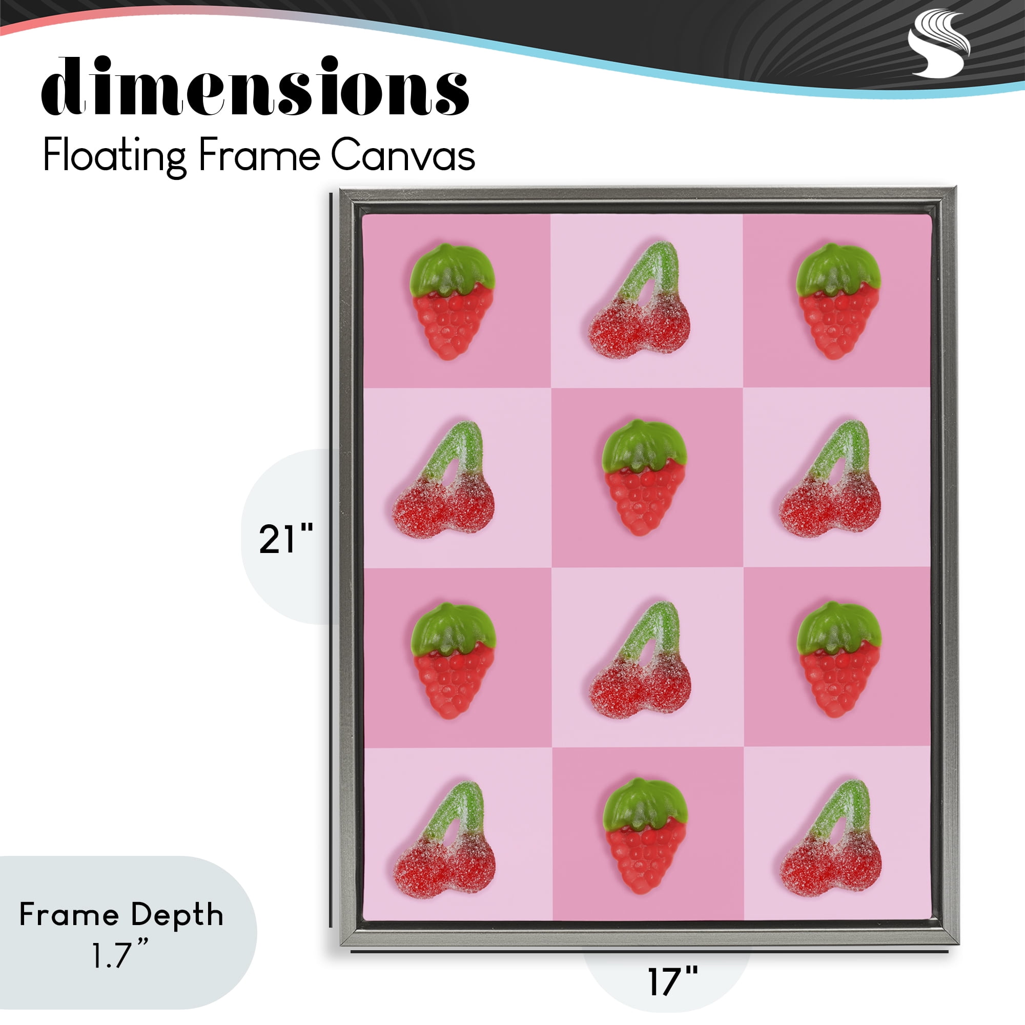 Stupell Industries Gummy Strawberry and Cherry Checkerboard Gray Framed Floater Canvas Wall Art, design by LISH Creative