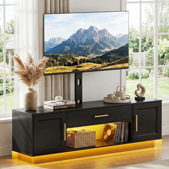 59" Modern TV Stand with Mount and Power Outlet, Swivel TV Stand for 32/55/65/75 inch TVs, Height Adjustable LED Entertainment Center, Media TV Console Table for Living Room, Bedroom, Black