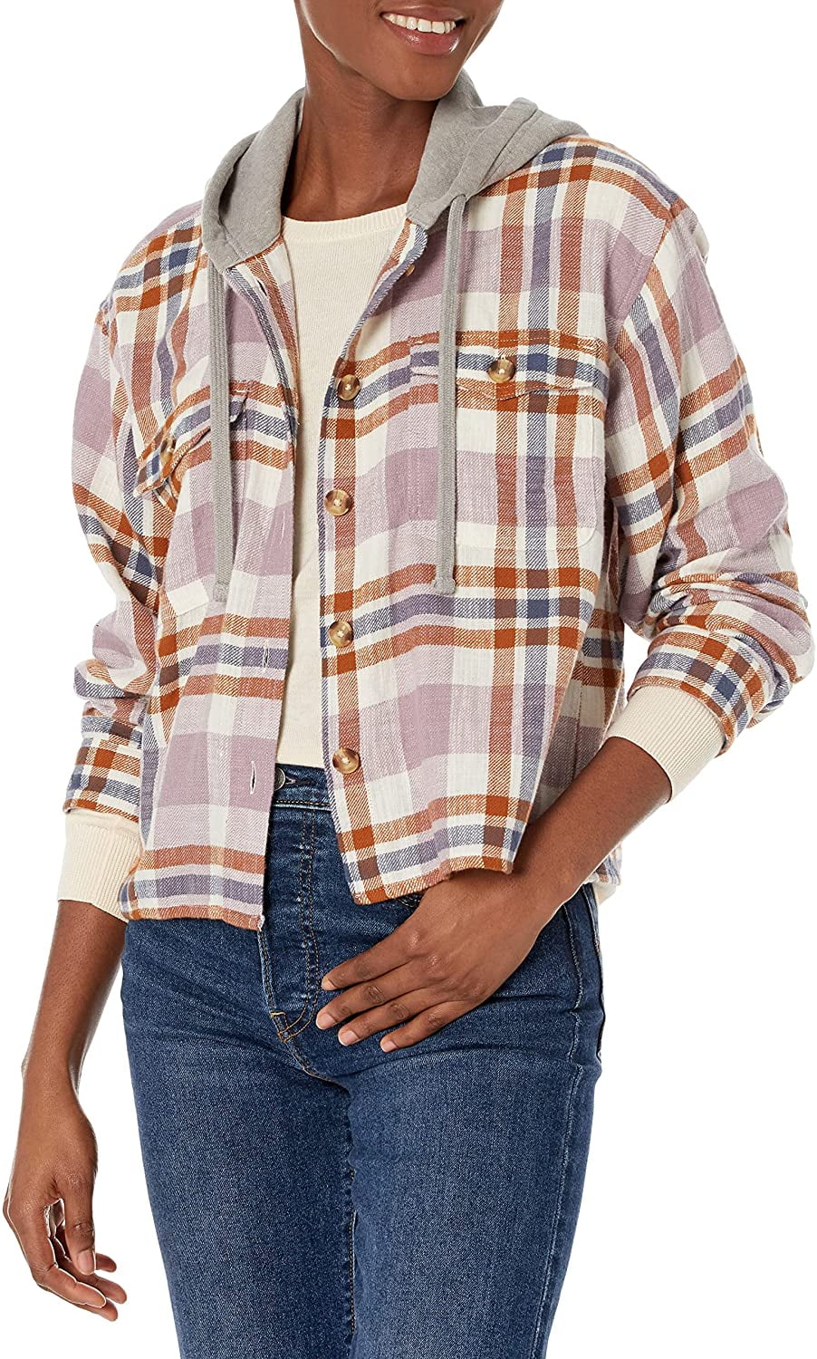 Lucky Brand Womens Plaid Cropped Hoodie 