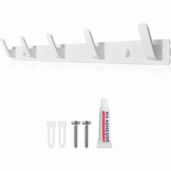 Wall Mounted Coat Rack, Wall Hooks, White Coat Rack with 5 Hooks Two Installation Methods (with Adhesive and Screws) for Entryway Bedroom Bathroom Kitchen